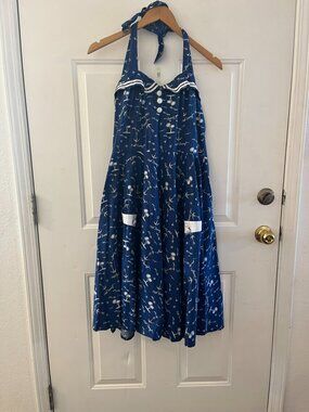 Hell Bunny Vixen Nautical Retro Summer Beach Halter Sailing 50's Dress Sz Med